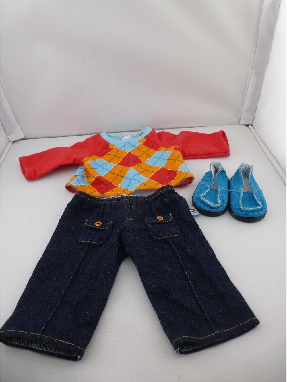American Girl Bitty Baby Argyle Top Denim Pants Blue Slip-On Shoes Outfit C14